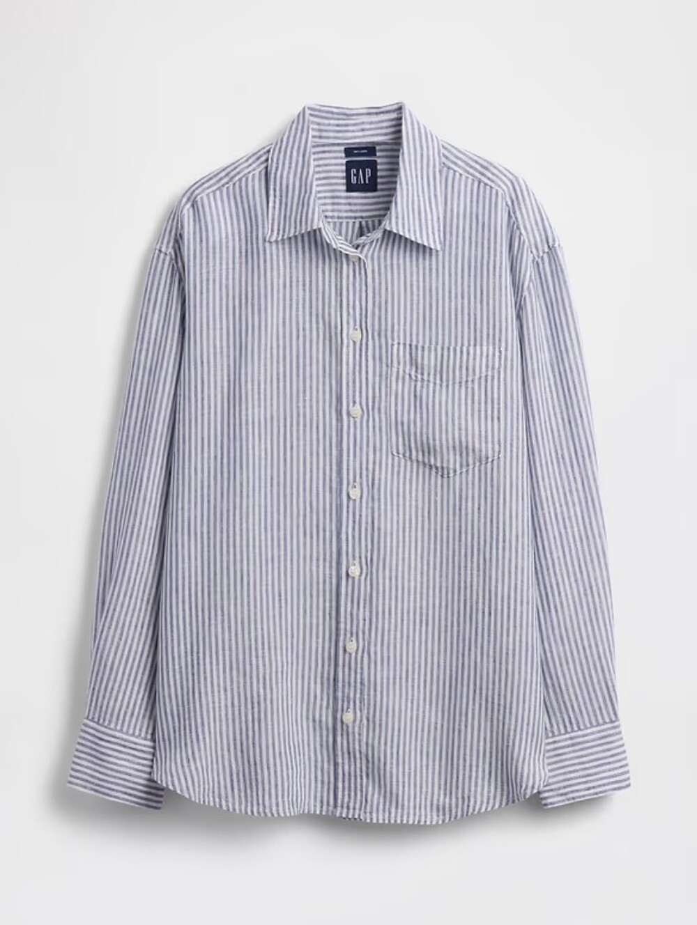 GAP 100% Linen Women's Light Blue and White Striped Button-Down Shirt